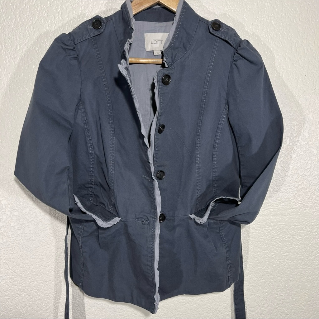 Jacket Loft Women 2 Navy Blue Button Up Tie Waist Pleated Back Raw Edge Trim